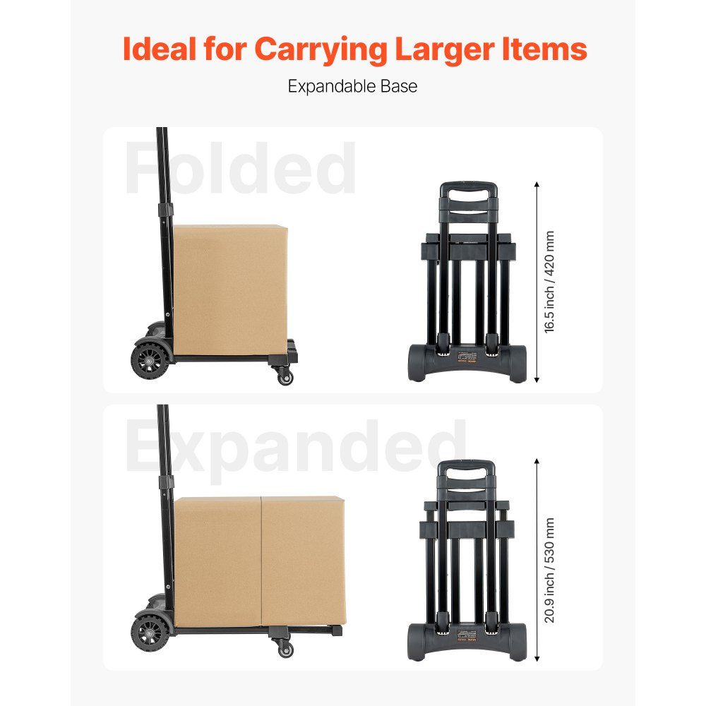 Diable pliable, capacité de charge de 131,5 kg, camion de transport à 4 roues, 2 cordes élastiques et base extensible, chariot de transport pour aéroport, bagages, déménagements de bureau, noir, 530x320x970mm
