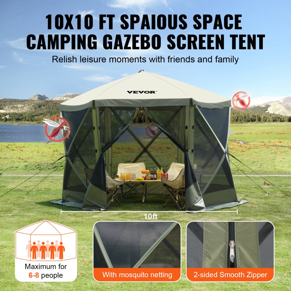 Pop-up-Pavillonzelt, Pop-up-Zelt mit 6 Seitenüberdachungen, Sonnenschutz mit 6 abnehmbaren Sichtschutz-Windtüchern und Netzfenstern, 10 x 10 Fuß, Schnellaufbauzelt mit Moskitonetz, Armeegrün Pop-up-Pavillonzelt, Pop-up-Zelt mit 6 Seitenüberdachungen, Sonnenschutz mit 6 abnehmbaren Sichtschutz-Windtüchern und Netzfenstern, 10 x 10 Fuß, Schnellaufbauzelt mit Moskitonetz, Armeegrün