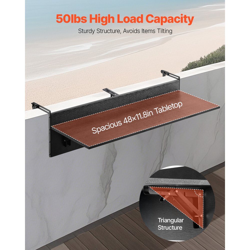 Table de balcon 1220 x 300 mm Table pliante suspendue pour balcon Table pliante d'extérieur Capacité de charge de 22 kg Convient aux balustrades de 1" à 4,35" Table de service pour patio et terrasse