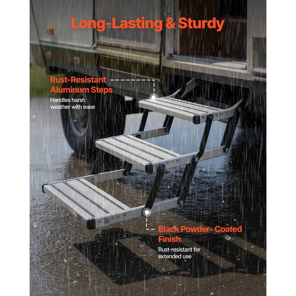 Retractable RV Stairs (3 Steps), RV Steps with 400lb Load Capacity, Aluminum Alloy Telescopic Folding Entry Stairs, Non-Slip Steel Frame for Caravan