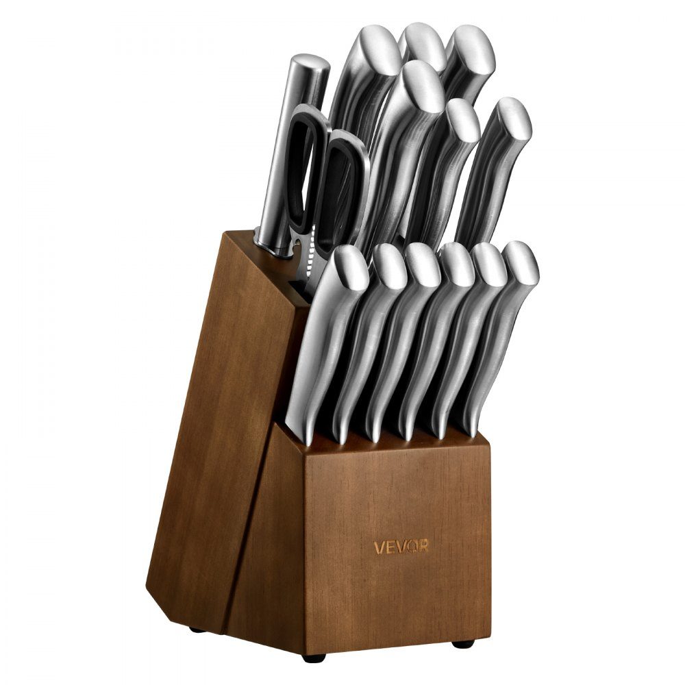 Kitchen knife set with knife block (wood) & sharpening steel, 15 pieces. Knife set of sharp knives made of high carbon stainless steel, kitchen cutlery with ergonomic handle, for home cooks