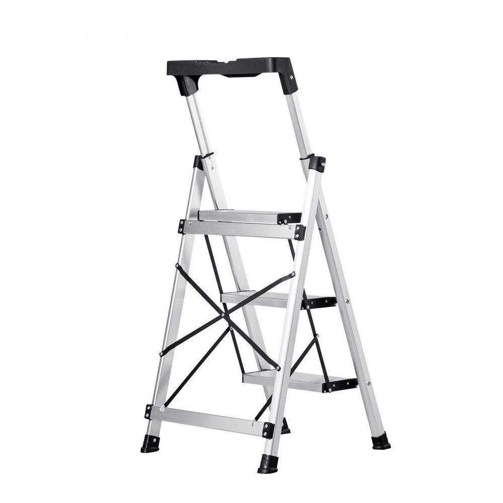 Trittleiter 3 Stufen, Klappleiter mit Anti-Rutsch-Stufen & komfortablem Griff, Haushaltsleiter Tragkraft 150 kg, Trittleiter aus Aluminium, Sicherheitsleiter für Küche, Lager, Haus & Büro