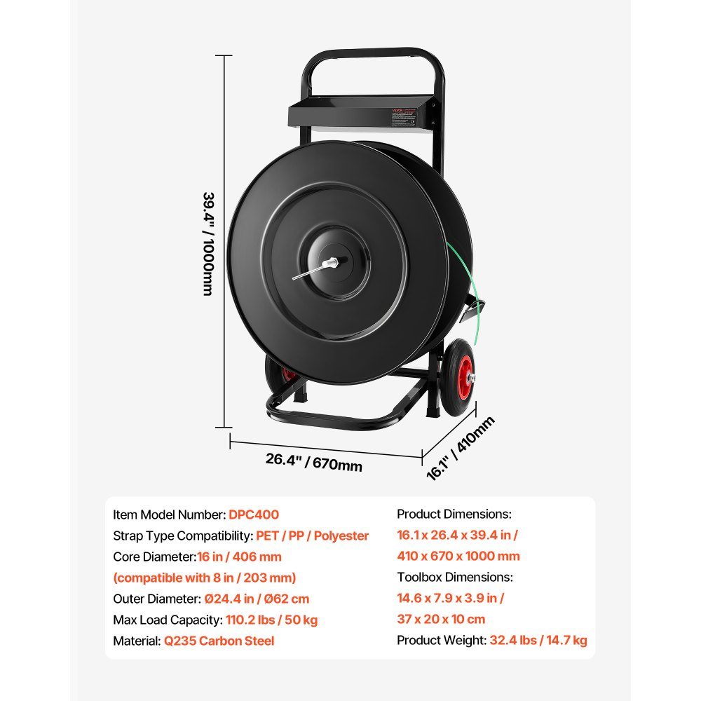Distributeur, adapté aux rouleaux de cerclage PET/PP/polyester mit 203/406 mm, distributeur de cerclage avec système de freinage amélioré, espace de rangement spacieux intégré pour les outils