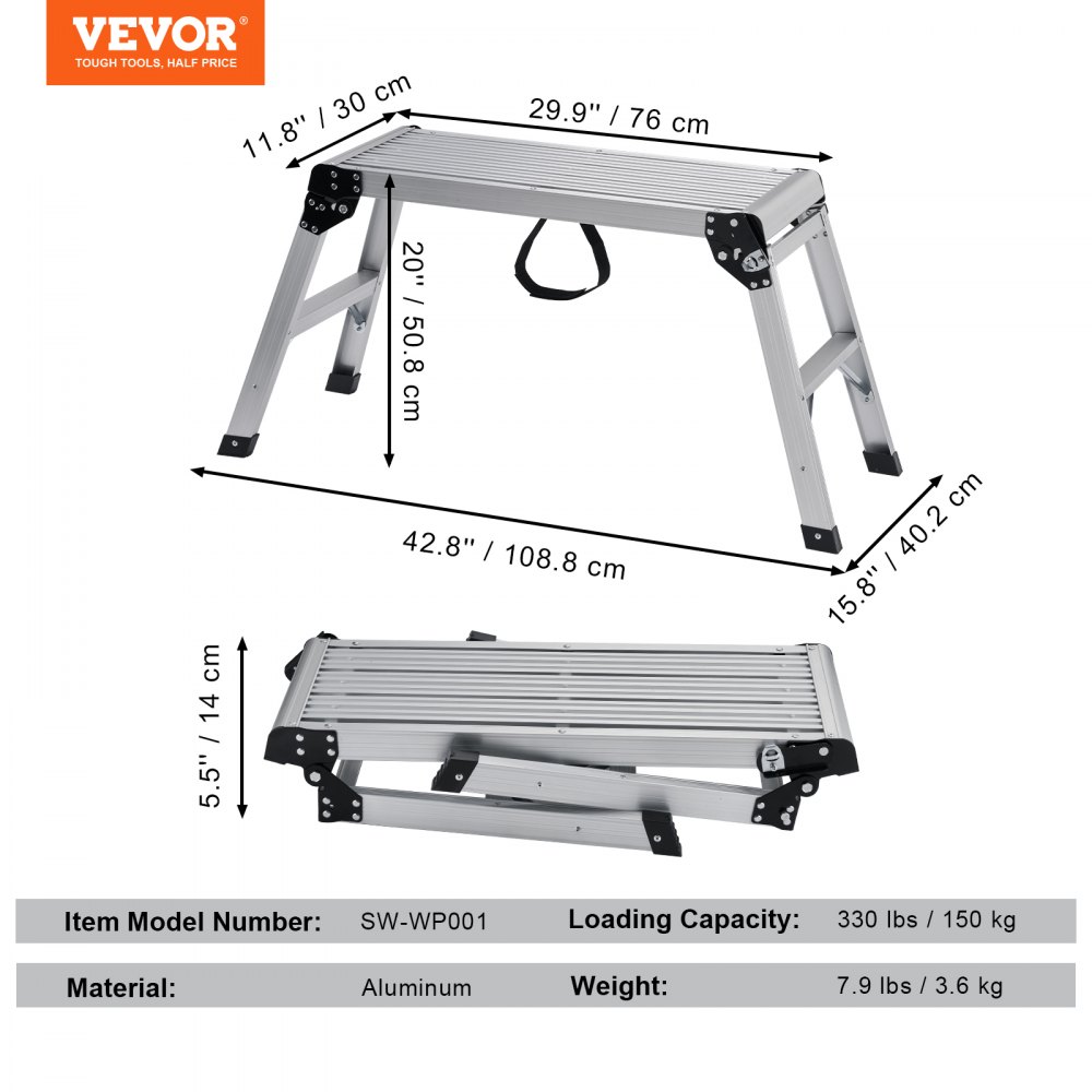 Aluminium-Arbeitsplattform, klappbare Werkbank, 76 x 30 x 50,8 cm, Arbeitsplattform, 150 kg Tragkraft, Stufenbank mit Sicherheitsschlössern, Trittleiter für Heimbüro, Werkstatt und Garage, Silber Aluminium-Arbeitsplattform, klappbare Werkbank, 76 x 30 x 50,8 cm, Arbeitsplattform, 150 kg Tragkraft, Stufenbank mit Sicherheitsschlössern, Trittleiter für Heimbüro, Werkstatt und Garage, Silber