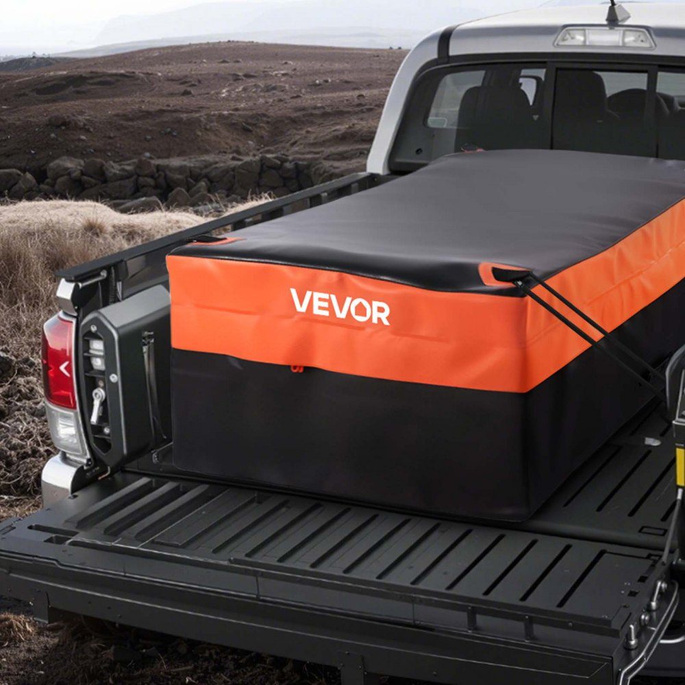 Sac porte-bagages, sac de lit de camion en PVC 840D imperméable (0,736 m³), ​​​​sac à bagages pour rangement sur le lit des camions avec filet à bagages pour voitures, SUV, camionnettes, noir, orange