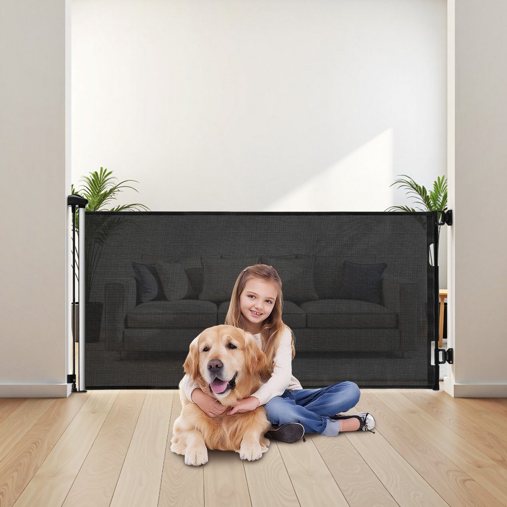 Uitschuifbaar babyhekje, hondenhekje, uitschuifbaar tot 185 cm (B) / 795 mm (H), traphekje met veiligheidsslot, gaasbeschermhekje voor trappen, gangen, binnen/buiten, zwart
