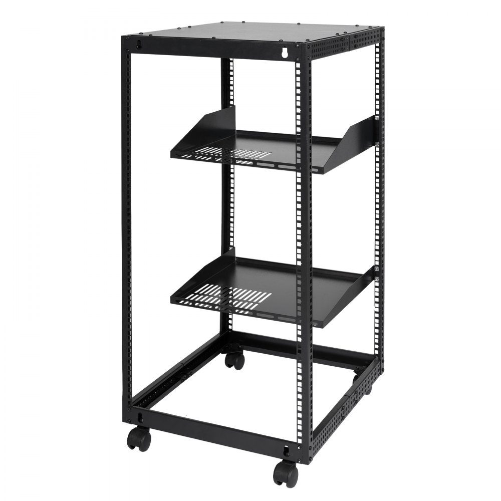20U open frame server rack, freestanding or wall mounted network server rack, 4 post AV rack with wheels, can accommodate all your network IT equipment and AV equipment