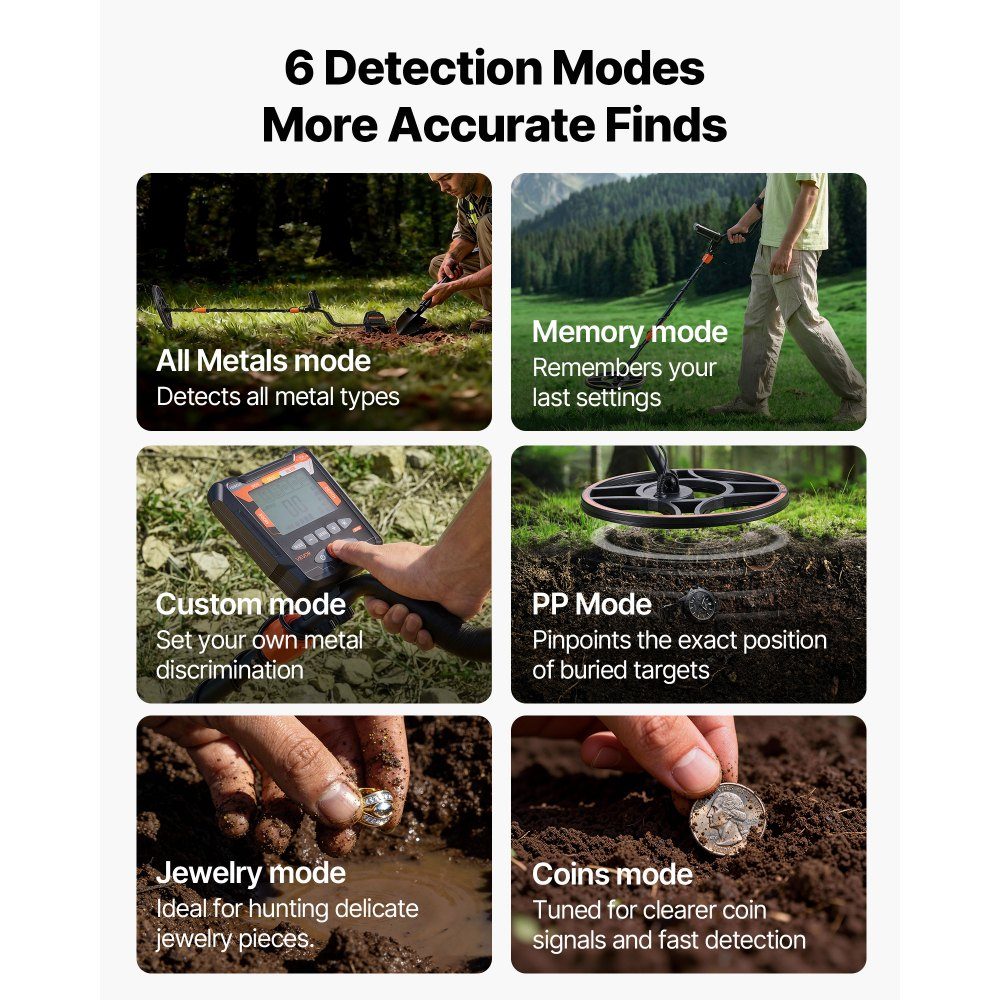 Adult Metal Detector 304.8mm Professional Metal Detector with 6 Modes Gold Detector IP68 Waterproof Search Coil with Display Headphone Adjustable Length for Gold Treasure Hunting