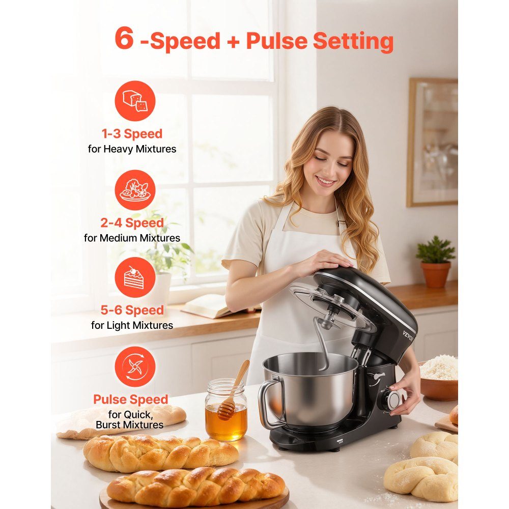 Robot culinaire Mélangeur de pâte 1400 W 5,68 L Robot culinaire à tête inclinable Bol en acier inoxydable Crochet pétrisseur Fouet Grattoir Robot culinaire domestique pour la cuisson et le mélange Noir