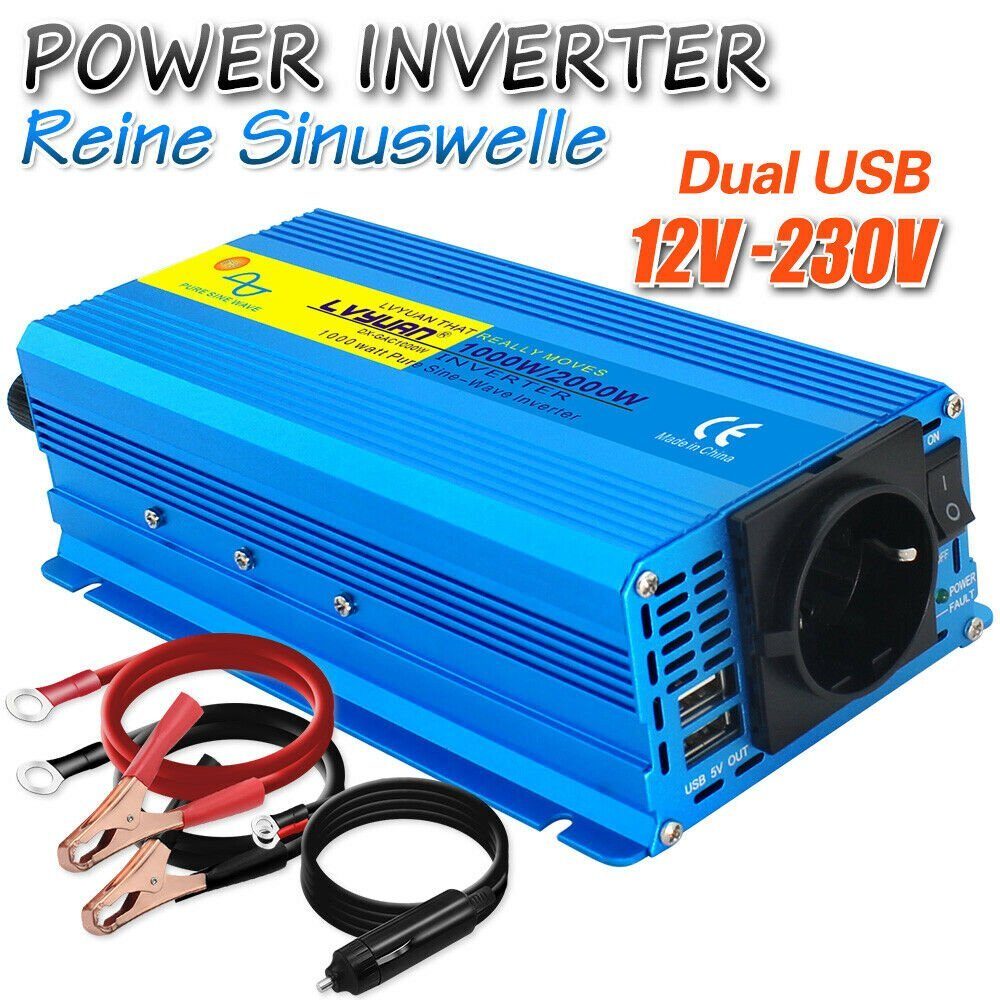 Spannungswandler 1000 W 2000 W reiner Sinus-Wechselrichter 12 V auf 230 V Wechselrichter