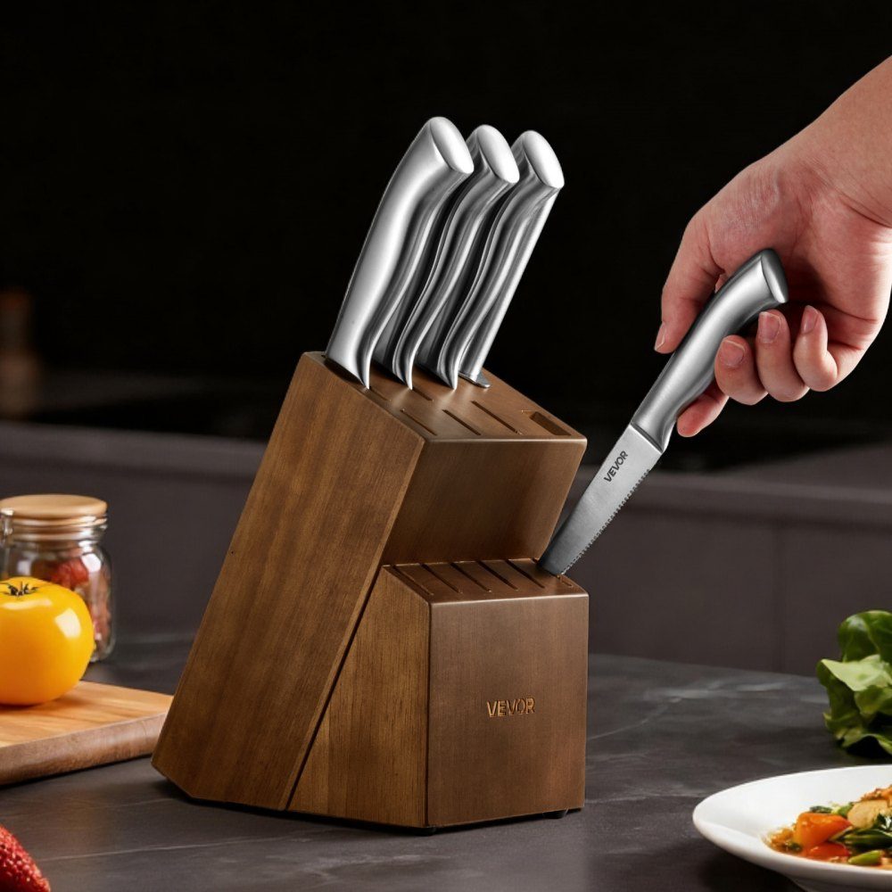 Kitchen knife set with knife block (wood) & sharpening steel, 15 pieces. Knife set of sharp knives made of high carbon stainless steel, kitchen cutlery with ergonomic handle, for home cooks