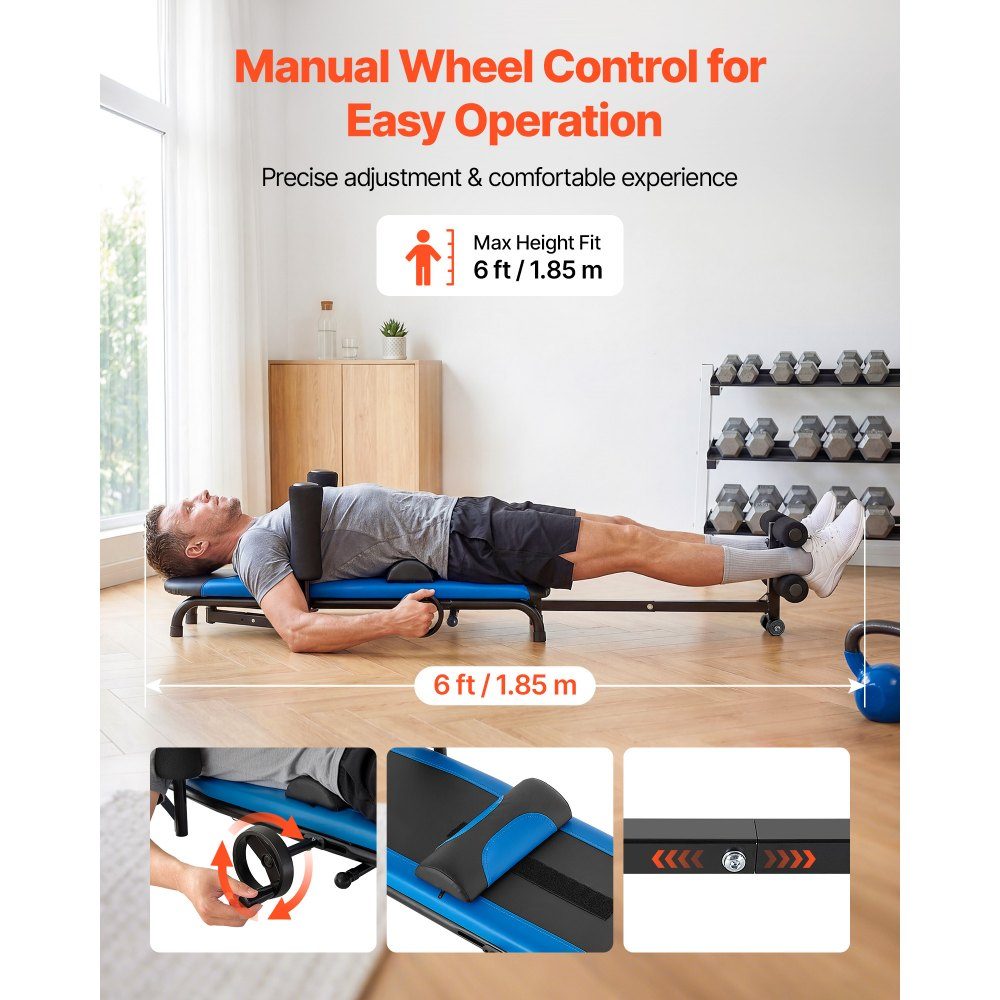 Rektrainer tot 160 kg, robuuste tuimeltafel met stabiele constructie, rugtrainer om de wervelkolom en nek te ontlasten, rugstrekbank met handmatige wielbediening blauw zwart
