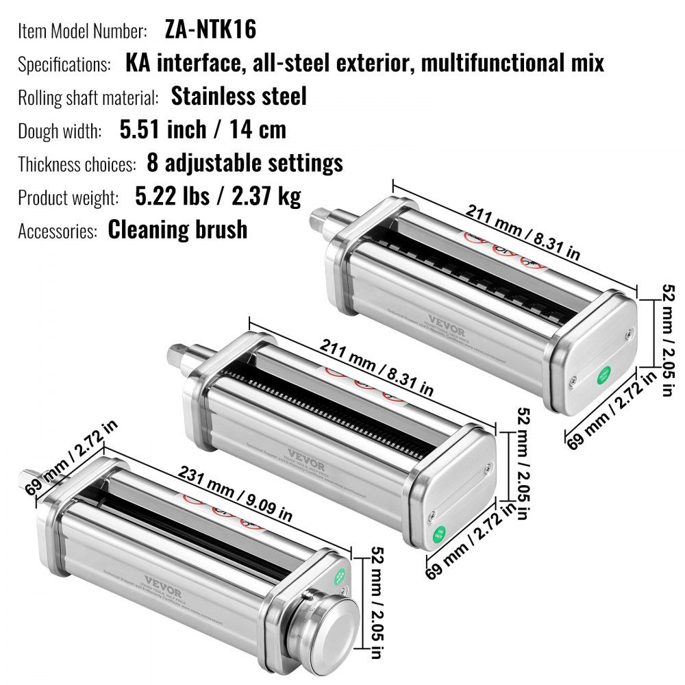 3 Piece Stainless Steel Manual Pasta Machine, Stainless Steel Fresh Manual Pasta Rolling Machine, Italian Flat Dough Machine, Pasta Machine, Includes Cleaning Brush for Spaghetti, Lasagna, etc