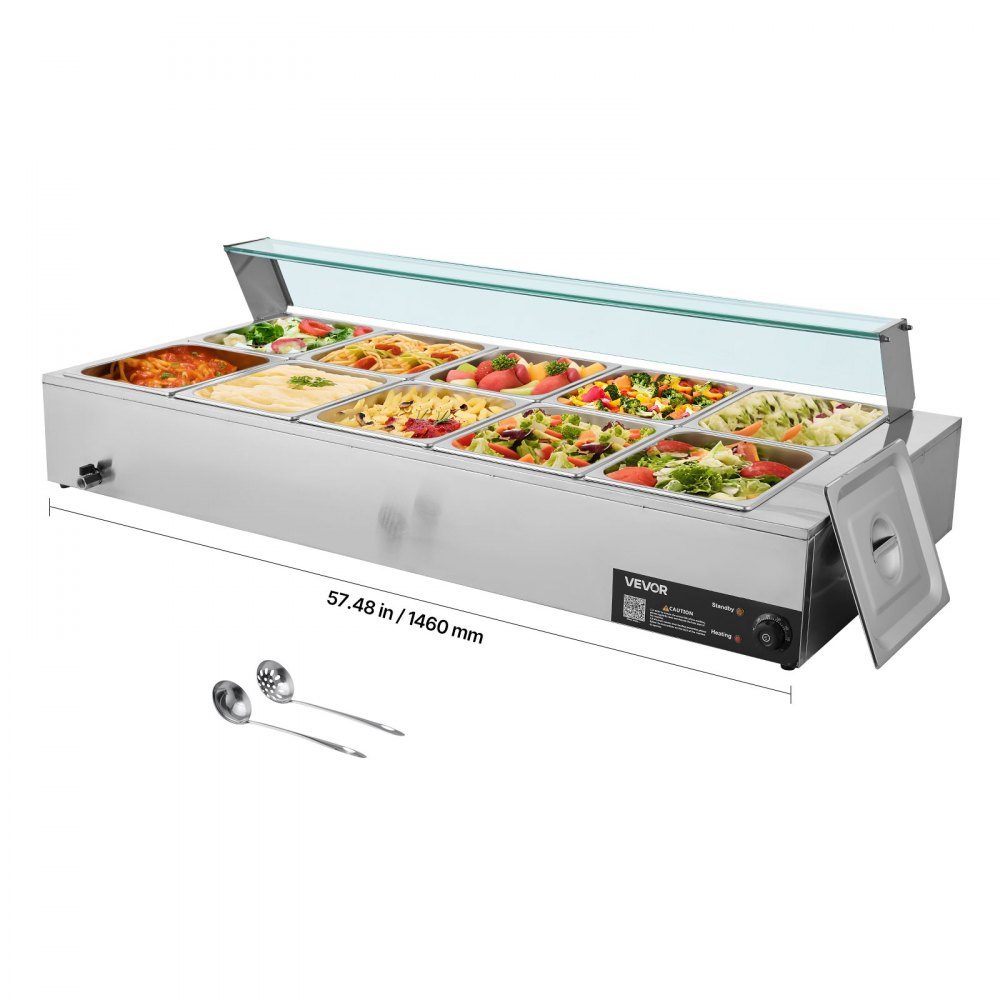 Commercial Food Warmer (10 x Size 1/2 Containers), 1.7KW Stainless Steel Electric Warming Container with Glass Cover and Soup Ladle, Chafing Dishes for Catering Restaurant Parties