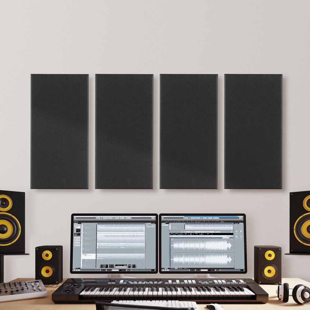 Akustikplatten, 4 Stück, 600 x 300 x 50 mm, schallabsorbierende Glasfaserplatten, selbstklebende Akustikwandpaneele, für Studios, Büros, Heimkinos, Konferenzräume, schwarz