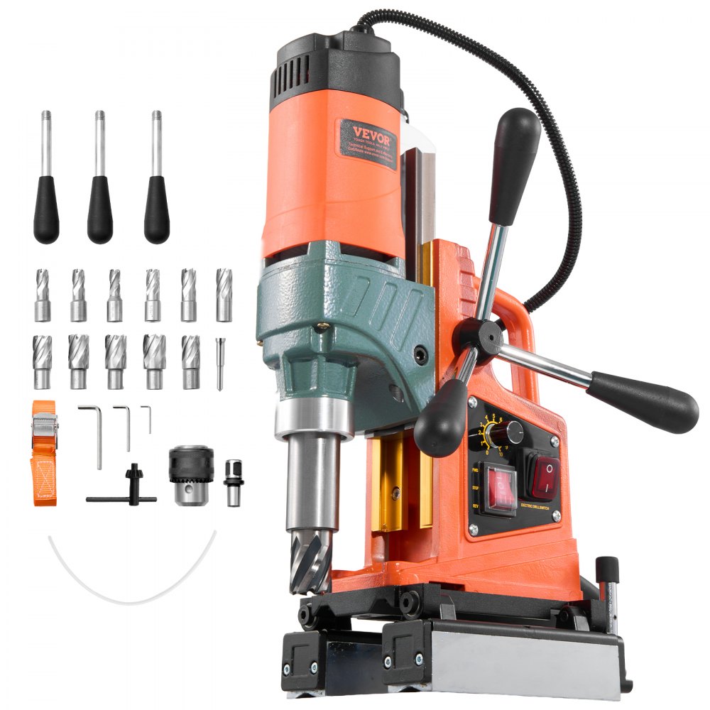 Perceuse magnétique 1400 W 50 mm de diamètre, direction réversible, perceuse magnétique pour surfaces métalliques, carottier électrique avec 11 forets pour bricolage industriel, orange Perceuse magnétique 1400 W 50 mm de diamètre, direction réversible, perceuse magnétique pour surfaces métalliques, carottier électrique avec 11 forets pour bricolage industriel, orange