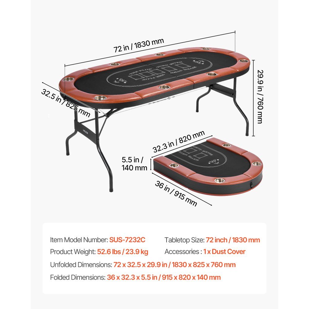 Klappbarer Pokertisch für 8 Spieler (72 Zoll), Casino-Freizeittisch mit gepolsterten Schienen und Getränkehaltern, ovale tragbare Spieltische mit Filz- und Metallbeinen, Texas Hold'em Poker