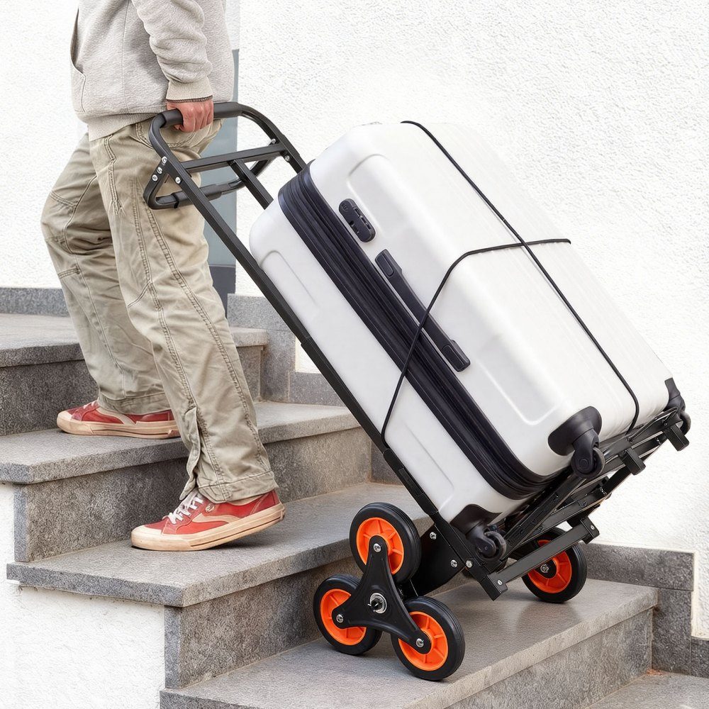 Opklapbare trappensteekwagen, steekwagen 100 kg draagvermogen, trappenklimmer met telescoopsteel, 6 wielen & 2 spanbanden, transportwagen, trappenwagen, stapelwagen voor huishouden, boodschappen & opslag