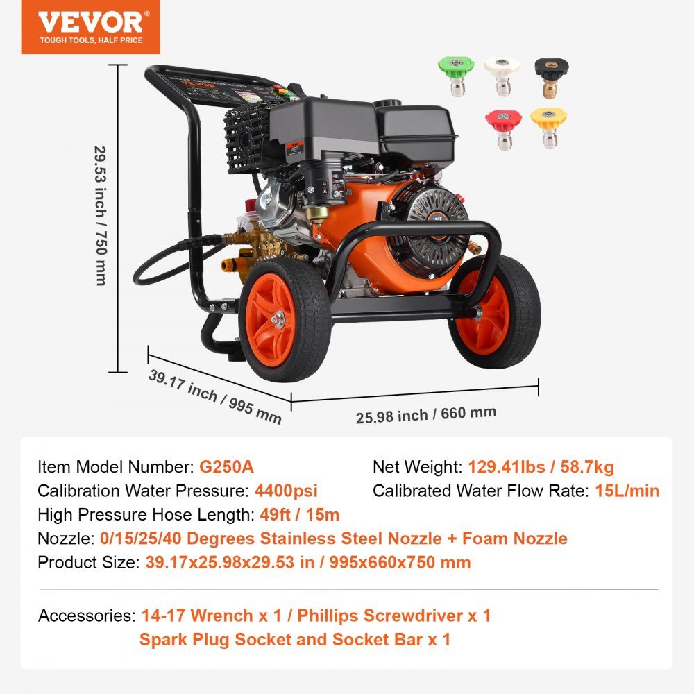 Benzin-Hochdruckreiniger, 4400 PSI, 15 l/min, Terrassenreiniger mit Kupferpumpe, Druckpistole und Verlängerungsstab, 5-Düsen-Set für Autos, Zäune, Häuser, Einfahrten, Terrassen, Möbel