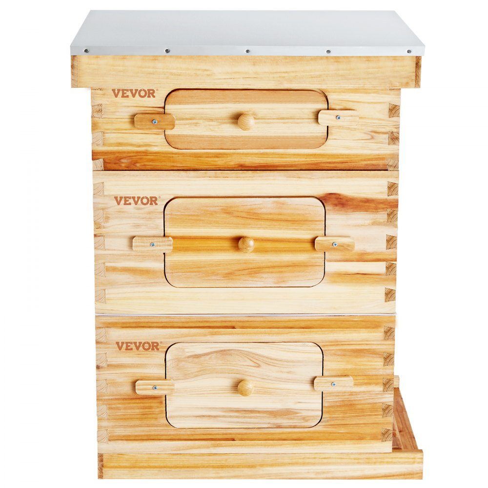Beehive, Zander Beehive for 30 Frames, Beeswax Coated Wood, 2 Deep + 1 Medium Bee Box, Langstroth Beehive Set, Clear Acrylic Windows with Foundations