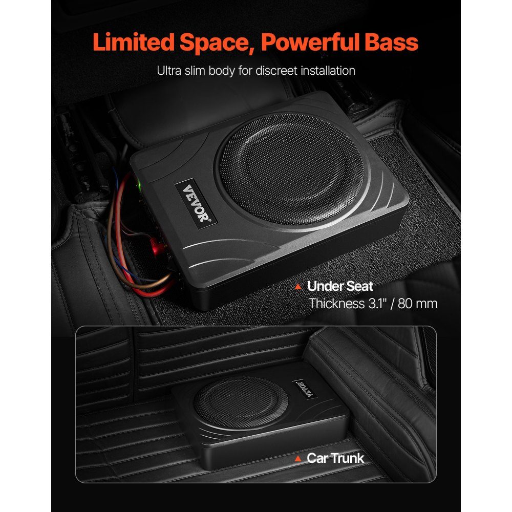 Underseat Car Subwoofer, 300W Slim Car Subwoofer Subsystem with Built-in Amplifier, High/Low Level Input and Volume Control for SUV, Truck, RV