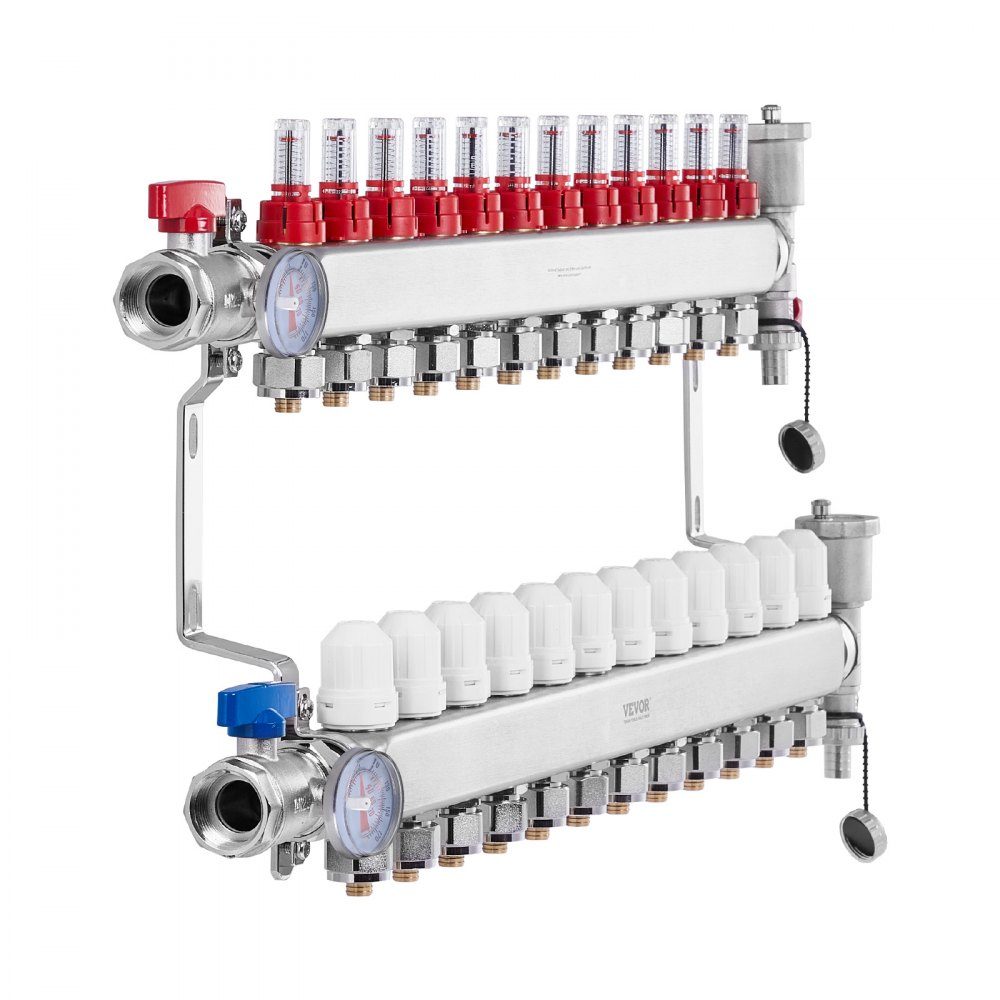 12 Branch Heat Spreader, 1/2" PEX Pipe Manifold, Stainless Steel PEX Manifold for Hydronic Underfloor Heating, Heat Distribution PEX Manifold Kit with 1/2" Adapters Included