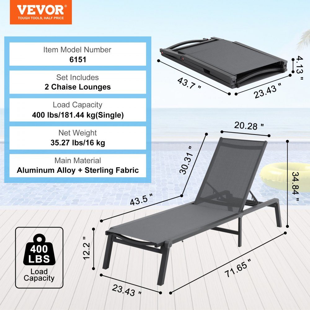 Outdoor Chaise Lounge Chairs, Aluminum Patio Lounger Chairs with 5 Adjustable Positions, Folding Pool Lounger Chairs, Deck Chairs and Totally Flat Sun Chairs for Patio Beach Pool, Dark Gray, 2 Pack