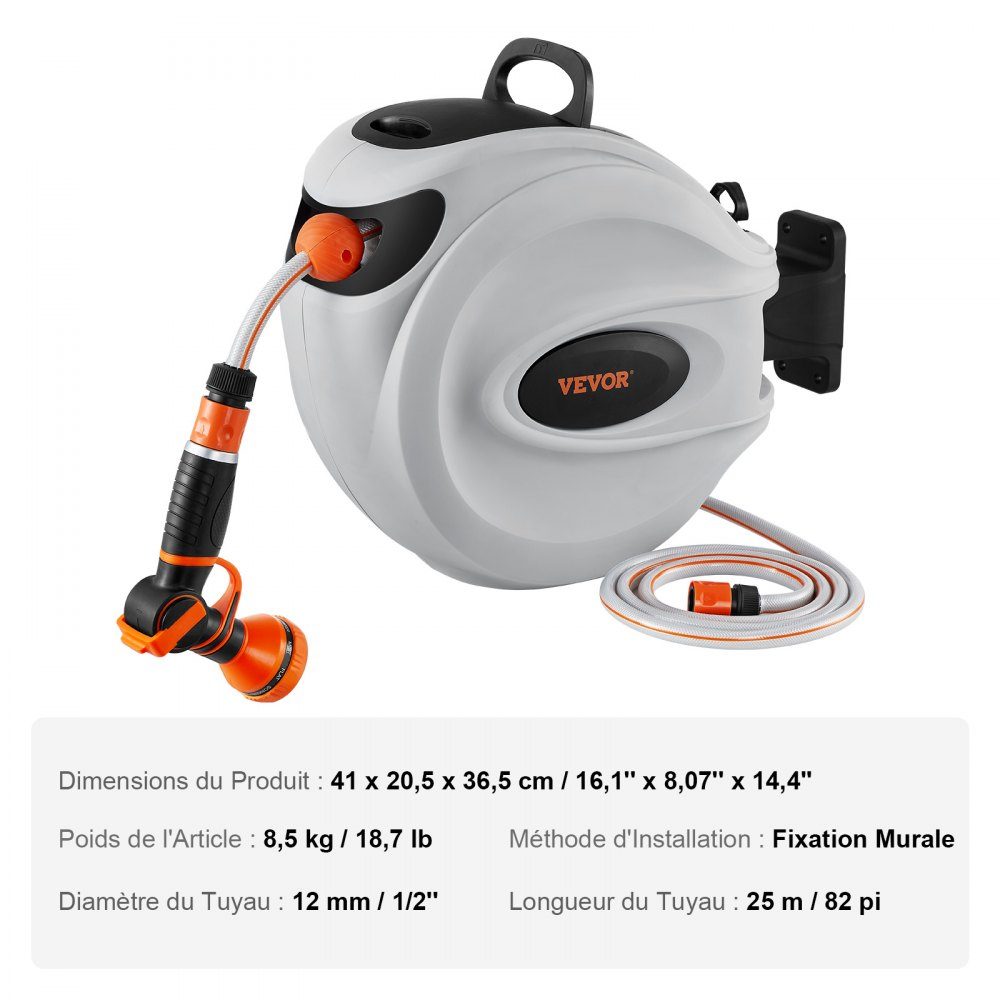 Water hose reel 25mx12mm with wall bracket, carrying handle, hose reel with 9-pattern spray nozzle & garden hose, 180° swiveling wall hose box with automatic drum, irrigation, car washing
