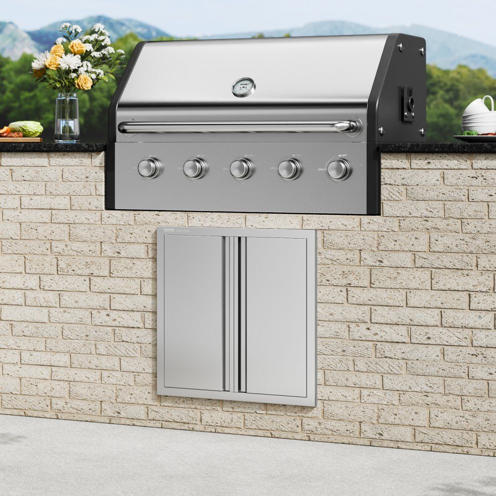 Grilltoegangsdeur 610x610mm Dubbele buitenkeukendeur Inbouw roestvrijstalen deur Verticale muurdeur met intrekbare handgrepen voor grilleiland Grillstation Buitenkast