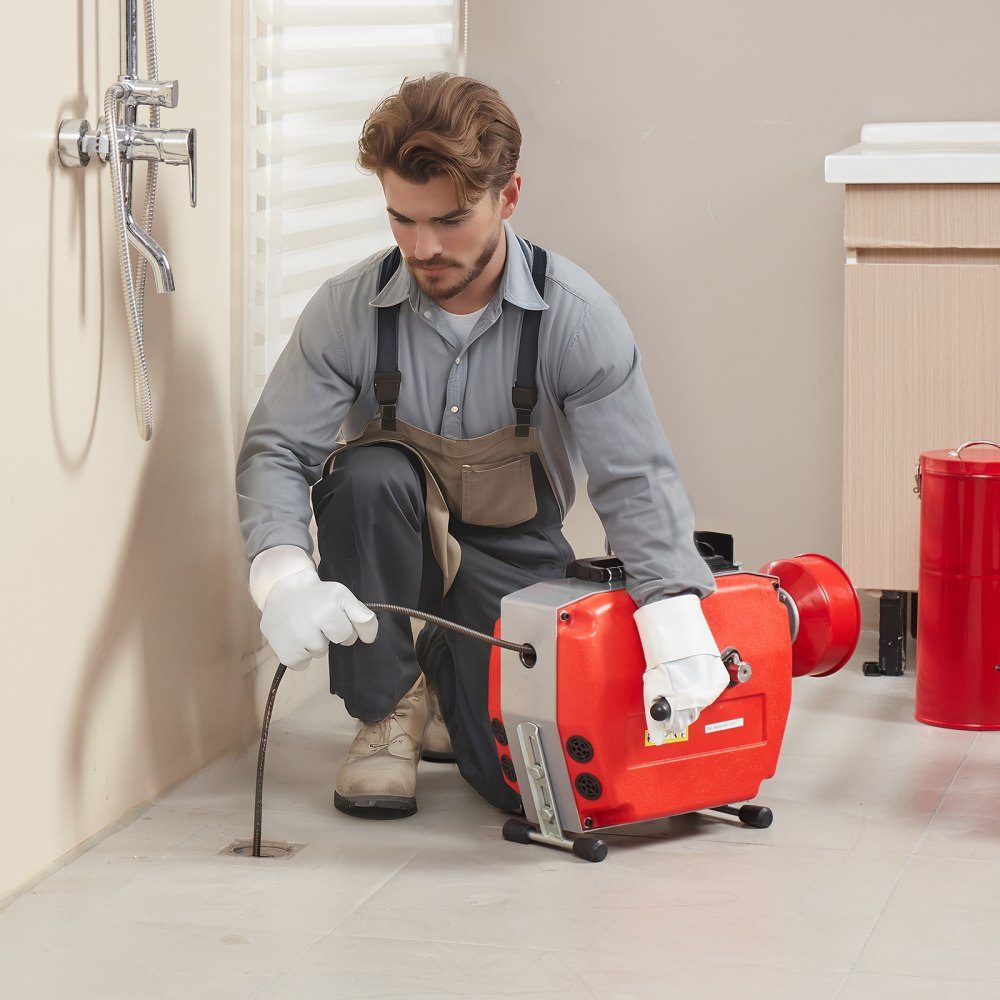 120ft x 7/8" Pipe Cleaning Machine, 420W Electric Pipe Cleaning Cable with Manual Feed - with 6 cutters, 2 steel cables (120ft x 7/8" and 18ft x 3/8") and CW/CCW control for 1.9" to 6" pipes