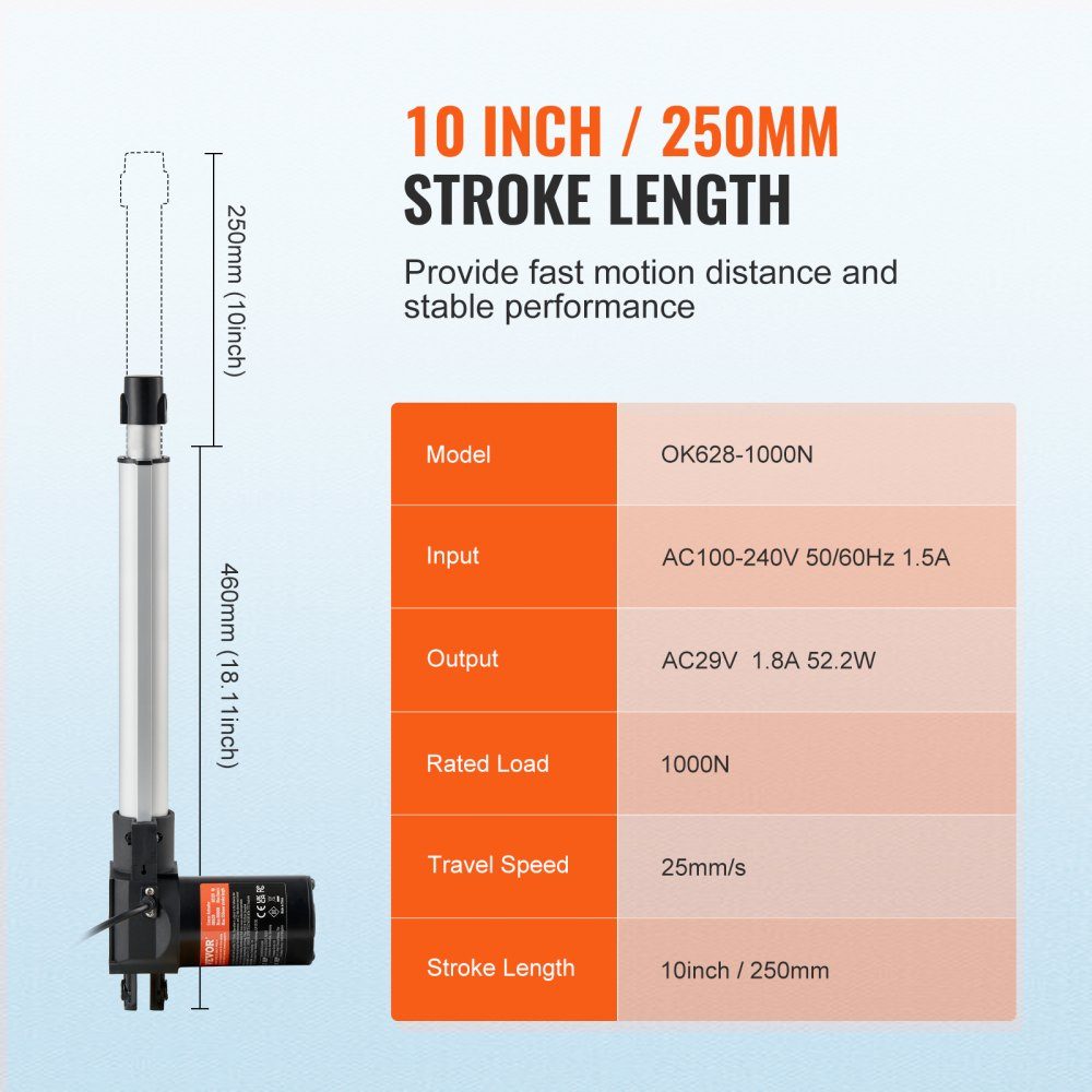 24V Linear Actuator Kit 10" 2.5cm/s 99.79kg/1000N with IP44-Schutz