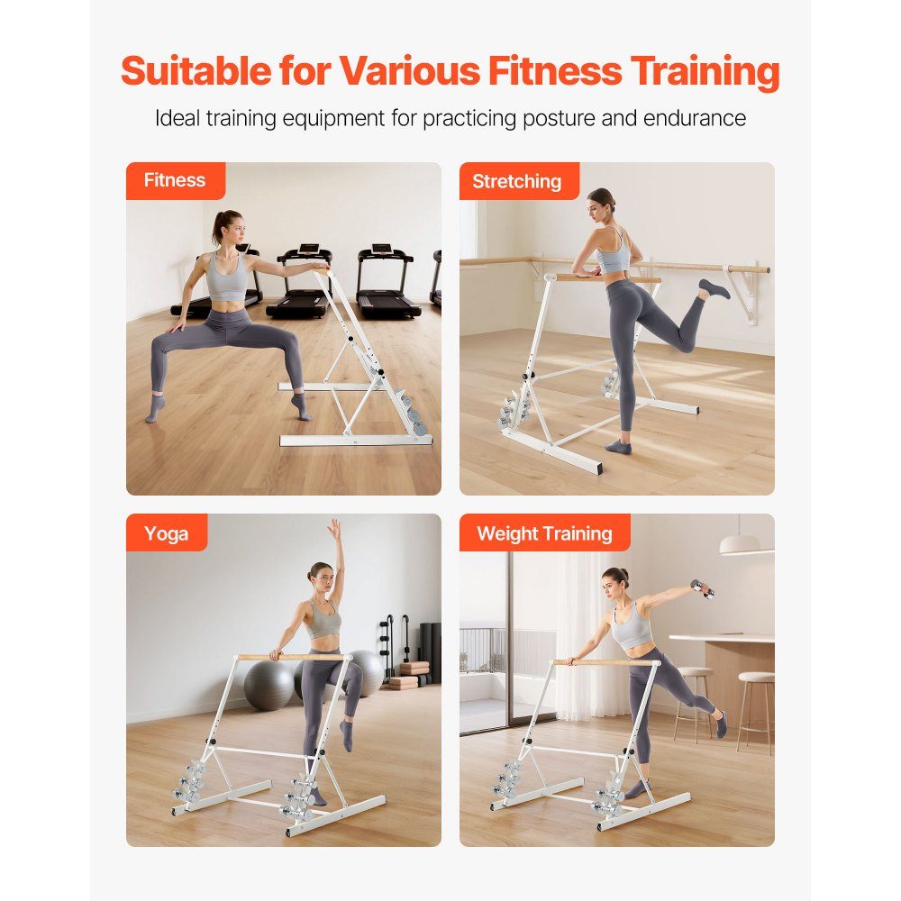 Barre de danse Ballet Bar, barre d'étirement en bois réglable en hauteur (4 niveaux / 812,8-965,2 mm) pour exercices de ballet, entraînement d'équilibre, exercices de relaxation, exercices de yoga