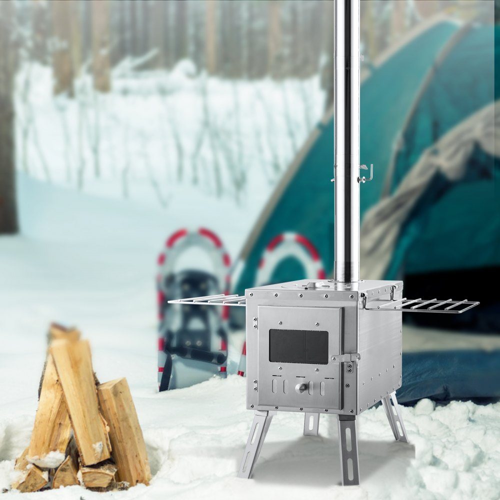 Poêle à bois 590 x 790 x 2620 m Poêle à bois pour tente de camping en acier inoxydable avec tuyaux de cheminée et gants 1646 pouces cubes Poêle de tente pour cuisine et chauffage en plein air avec 8 tuyaux – Réf. HT-24282
