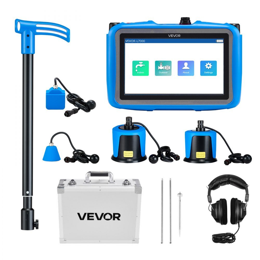 Leidingwaterlekdetector met 4 sensoren, 1 Hz - 10.000 Hz, 7 inch touchscreen, ondergrondse pijpdetector met 3 luisterstaven, hoofdtelefoon, kaart van 8 GB en draagtas