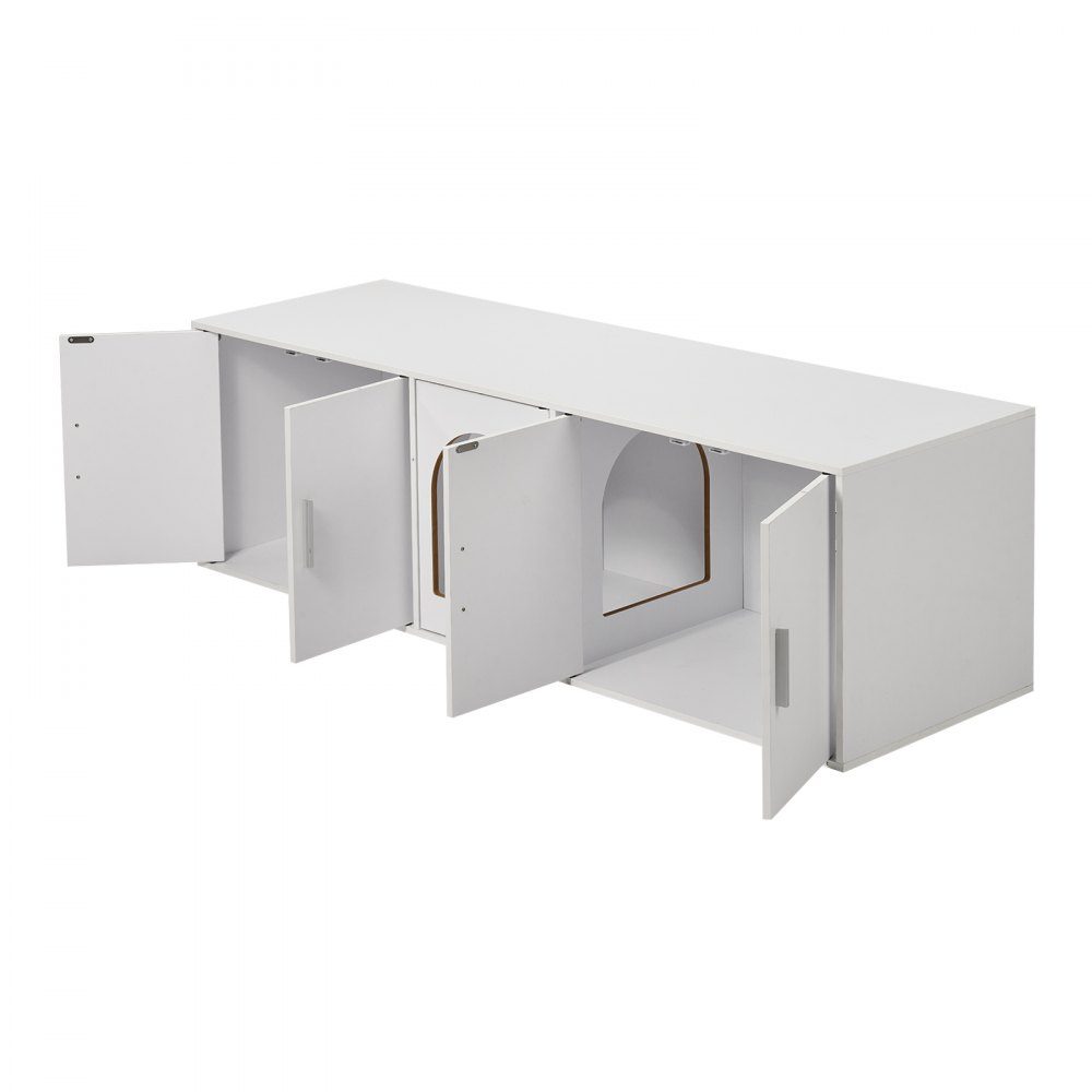 Cat Litter Box Enclosure for 2 Cats, Hidden Cat Litter Box Furniture with Double Rooms, Wooden Litter Box Cabinet, Fits Most Litter Boxes, 57.9"L x 18.3"W x 17.9"H, White