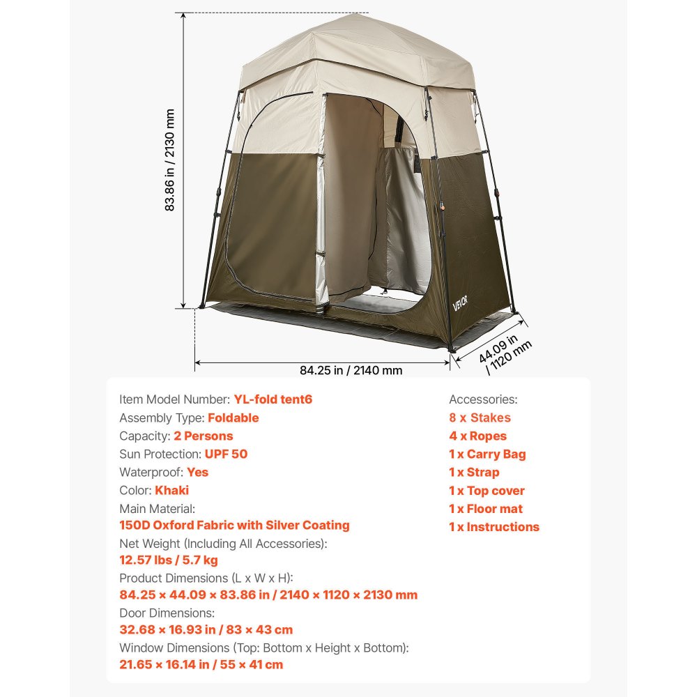 Tente de douche, tente de toilettes (2140x1120x213 cm) avec écran d'intimité et 2 pièces, tente à langer avec piquets, cordes et sac de transport, tente d'intimité en tissu Oxford 150D pour le camping, la plage, la pêche