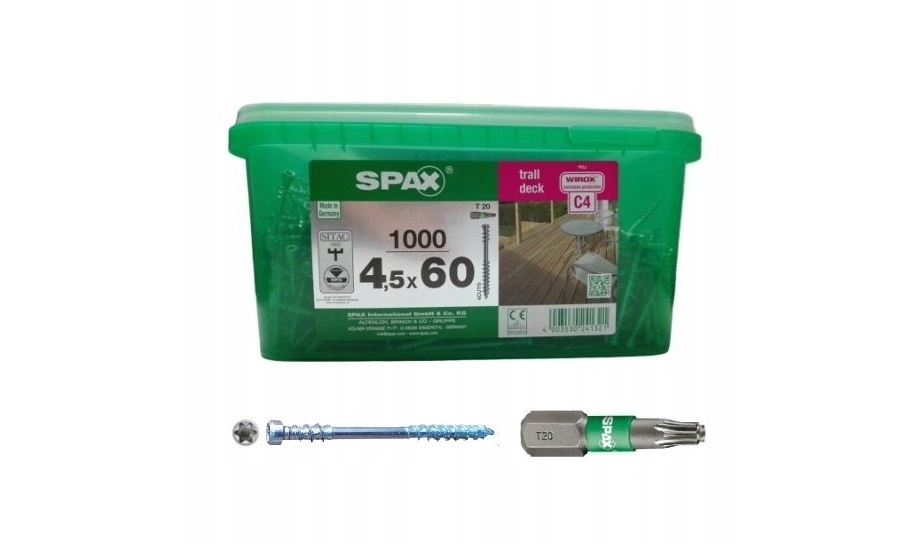 Wkręty tarasowe Spax Wirox C4 4,5x60mm 1000 sztuk + BIT 4531720450619 Wkręty tarasowe Spax Wirox C4 4,5x60mm 1000 sztuk + BIT 4531720450619