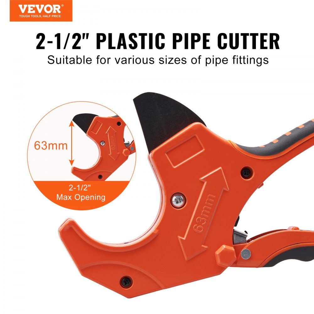 PVC-Rohrschneider, 0-2-1/2 Zoll Außendurchmesser, Ratschen-PVC-Rohrschneider, robustes Rohrschneidewerkzeug mit SK5-Ersatzklinge für PVC-, CPVC-, PP-R-, PEX-, PE- und Gummischläuche
