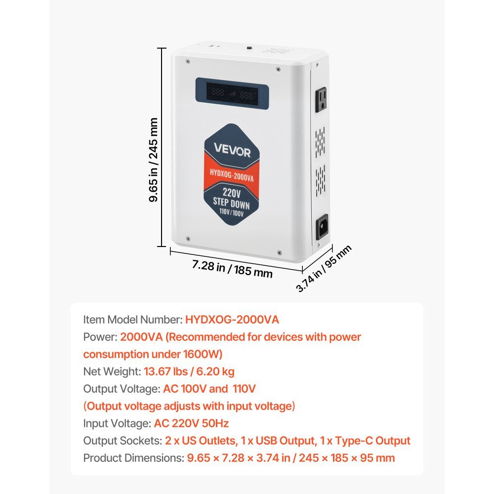 Step Down Voltage Converter 2000VA Heavy Duty Converter 220V to 110V Power Transformer with 2 US Sockets USB Output LCD Display Temperature Protection for 110V Devices