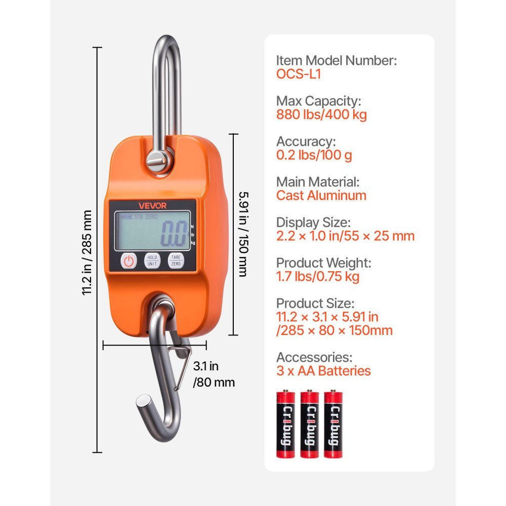 Crane scale 400 kg, digital hanging scale with cast aluminum housing & LCD, game scale 100 g division & 3-stage display, pull scale fish scale, suitable for agriculture, hunting & fishing