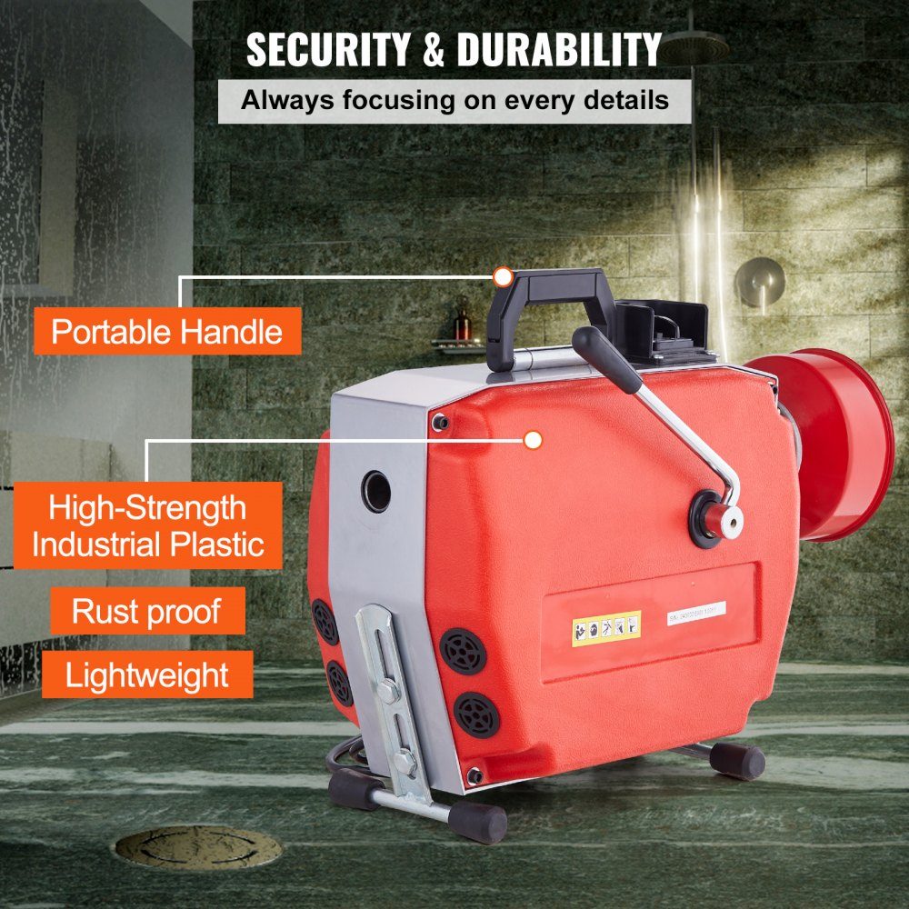 120ft x 7/8" Pipe Cleaning Machine, 420W Electric Pipe Cleaning Cable with Manual Feed - with 6 cutters, 2 steel cables (120ft x 7/8" and 18ft x 3/8") and CW/CCW control for 1.9" to 6" pipes