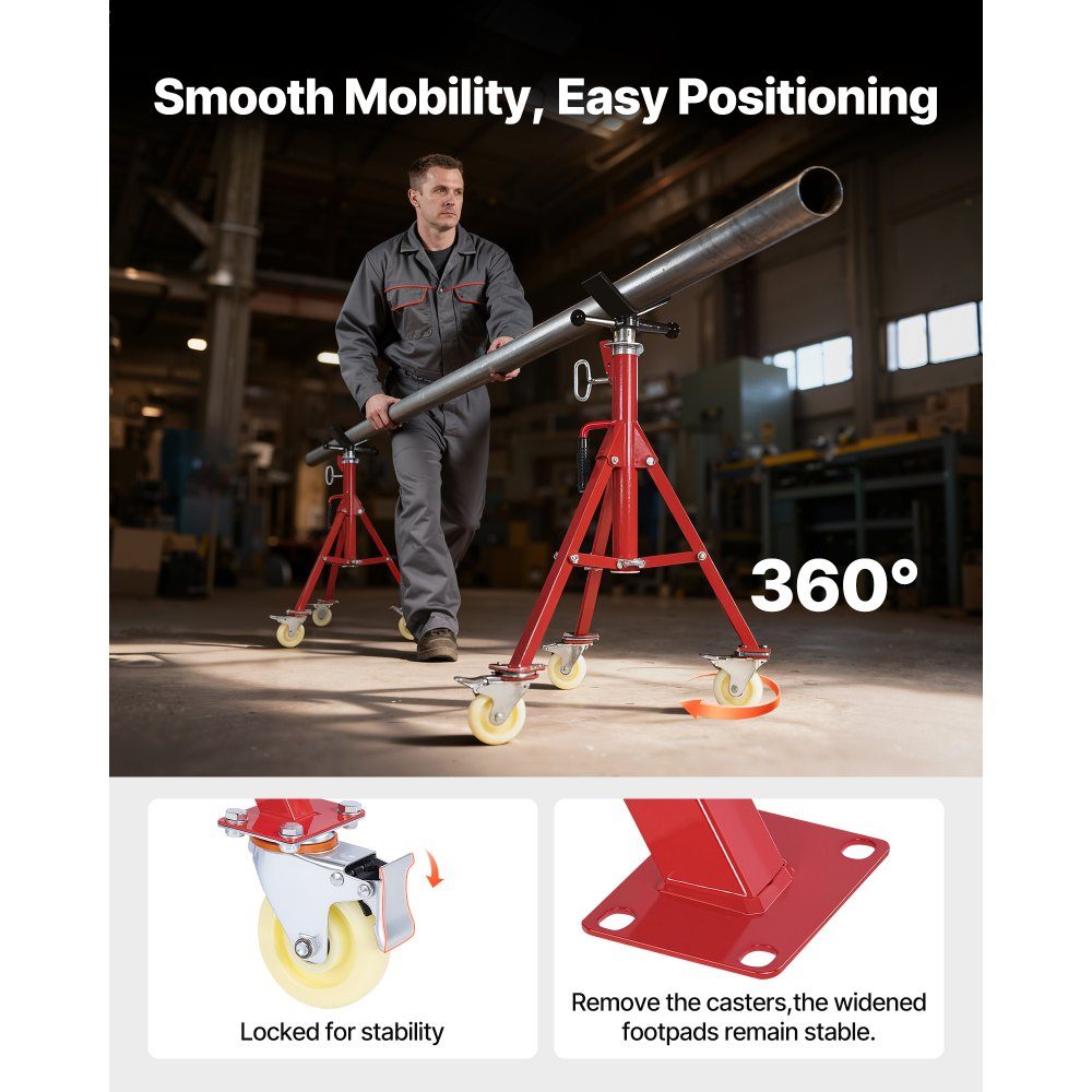 Pipe stand 400 kg load capacity, pipe support with 2 ball transfer V-head, pipe stand height adjustable 20-37 inch height, folding pipe stand for thread cutting machines rolling grooves