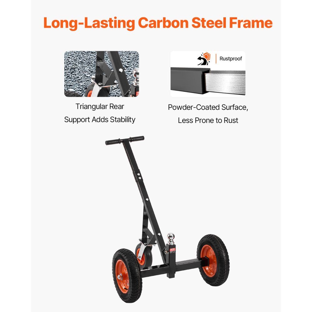 Trailer Dolly, 454kg Support Load, 425 & 560mm Adjustable Height, 50.8mm Ball, 355.6mm Pneumatic Tires, Carbon Steel, for Moving Motorhome Trailers
