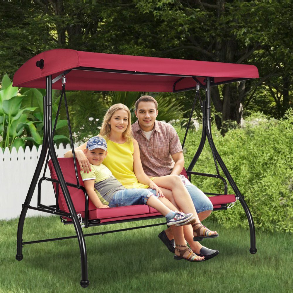 Chaise à bascule Hollywood 3 places avec auvent réglable, coussin amovible et cadre en acier allié pour balcon, jardin, bord de piscine, bordeaux