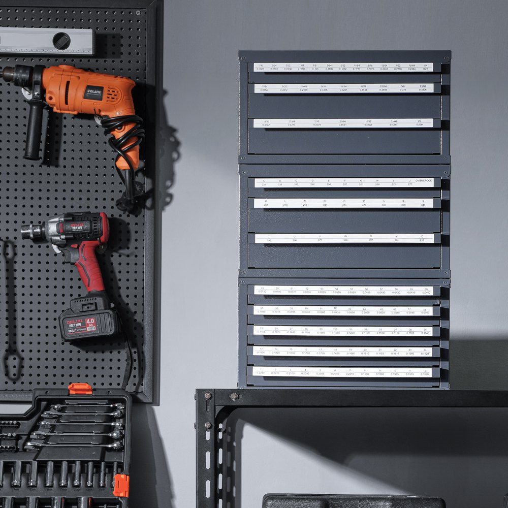 Bohrerspenderschrank, 3-teilig, drei Schubladen für 1,6 mm bis 12,7 mm und Buchstabengrößen A bis Z, Bohrer-Organizer mit fünf Schubladen für Drahtgrößen Nr. 1 bis Nr. 60, stapelbarer Schrank