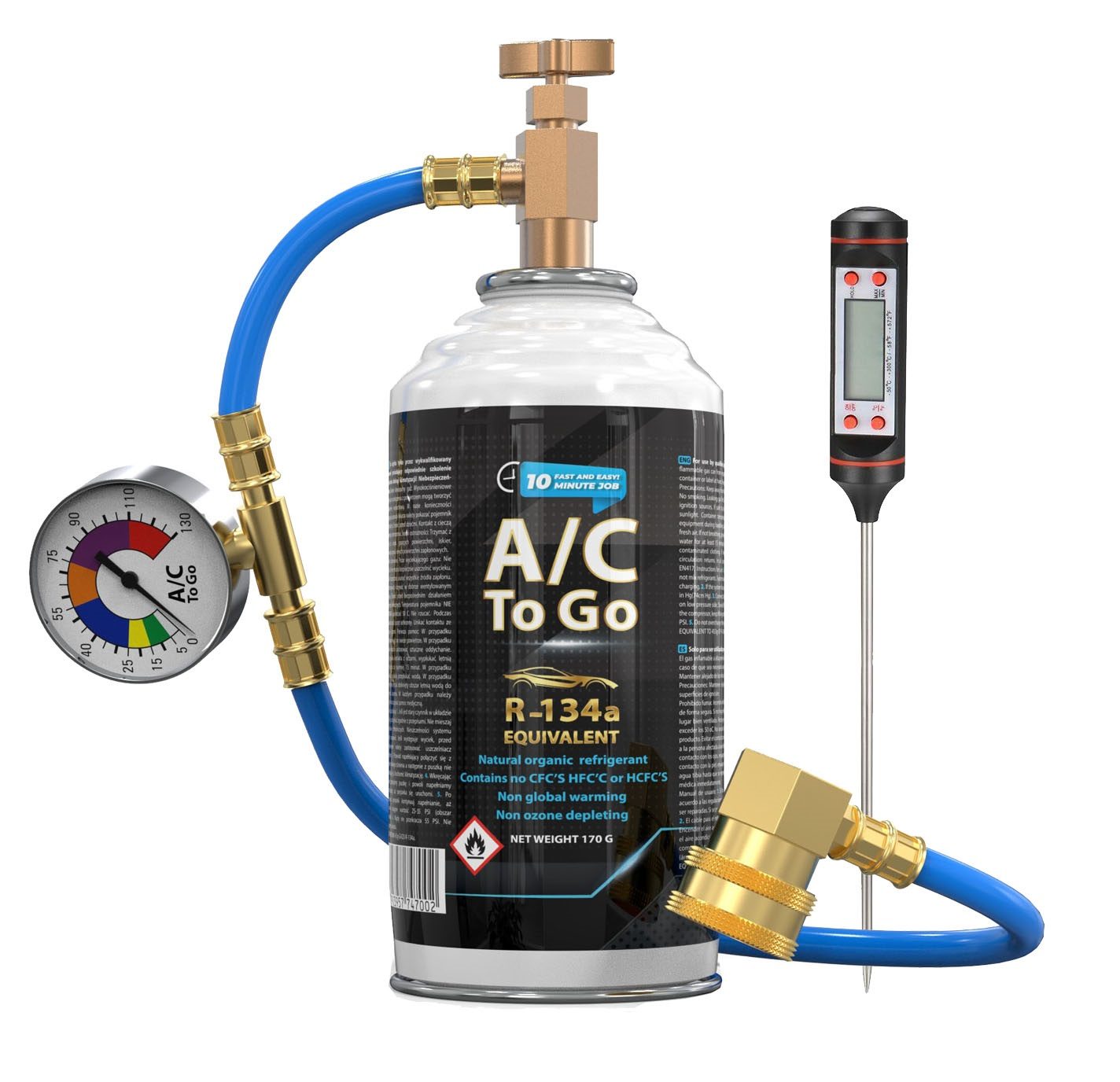 Kit de remplissage de climatisation pour véhicules R134a + THERMOMÈTRE