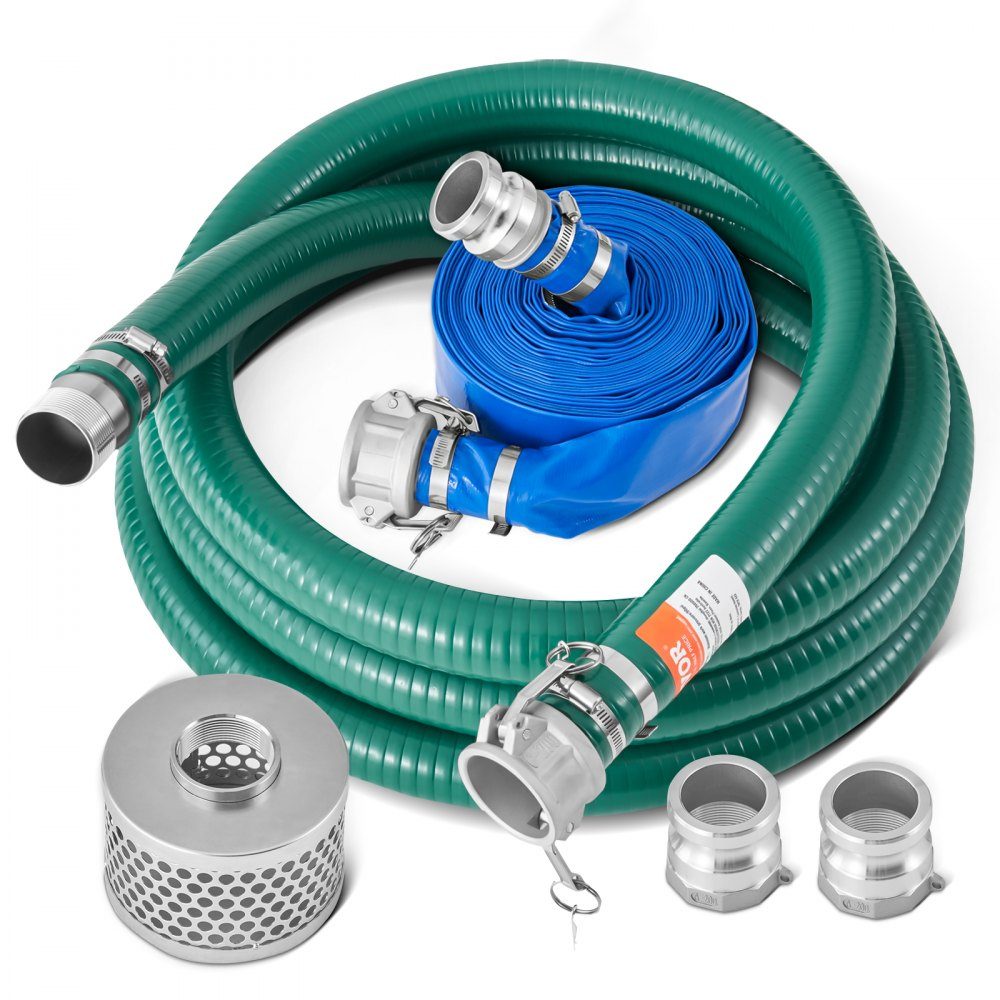 Saugschlauchset, mit 50,8 mm x 19,81 m blauem Rückspülschlauch, 6,1 m grünem Saugschlauch und Stahlsieb mit Rundloch, Camlocks, Klemmen, Nocken- und Nutadapter, für verschiedene Zwecke
