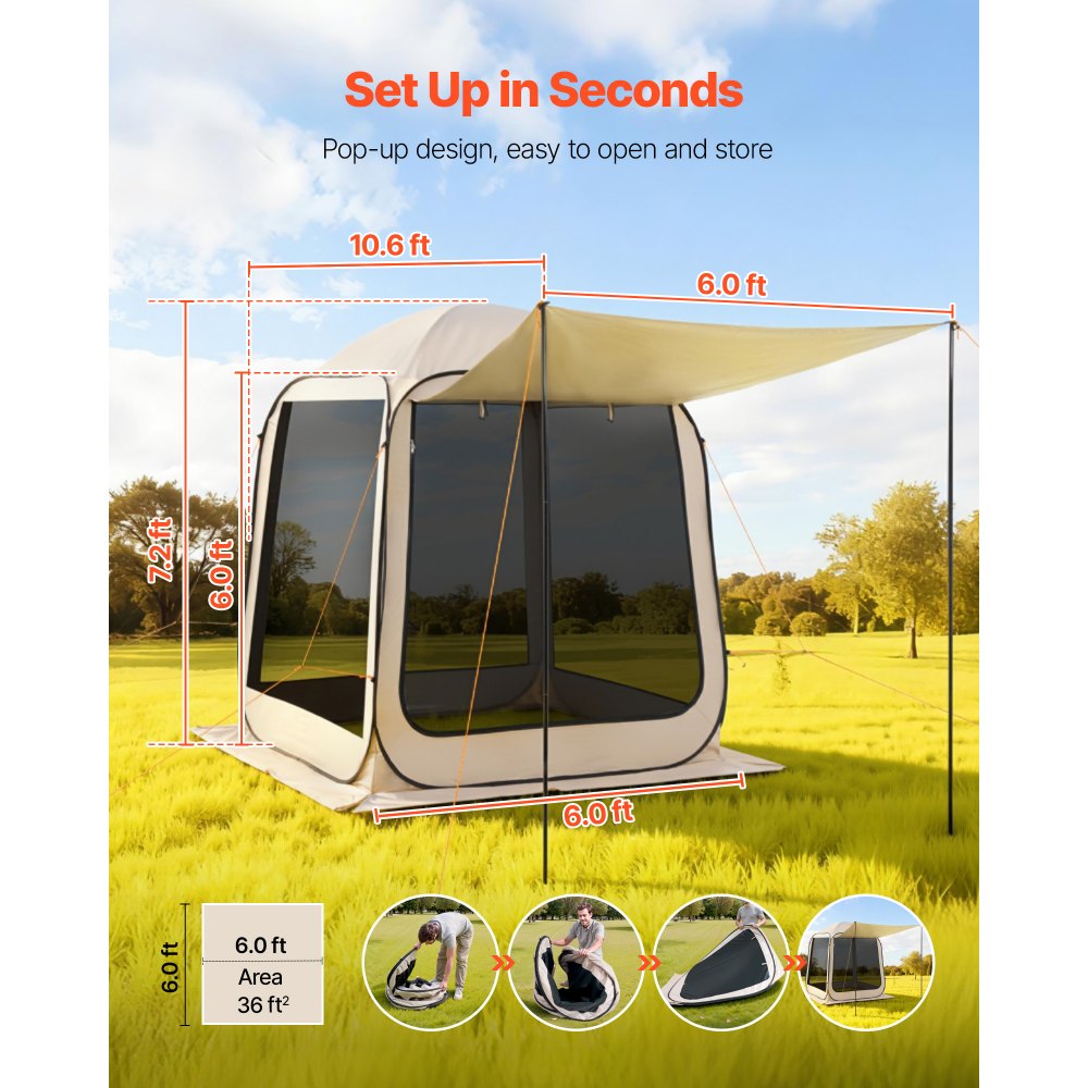 Campingzelt, 182,88 x 182,88 x 219,4 cm, Pop-up-Zelt mit einziehbarer Markise, tragbares Partyzelt für 4–6 Personen, inklusive Tragetasche und Seitenwänden, für Terrasse und Outdoor-Aktivitäten, Beige Campingzelt, 182,88 x 182,88 x 219,4 cm, Pop-up-Zelt mit einziehbarer Markise, tragbares Partyzelt für 4–6 Personen, inklusive Tragetasche und Seitenwänden, für Terrasse und Outdoor-Aktivitäten, Beige