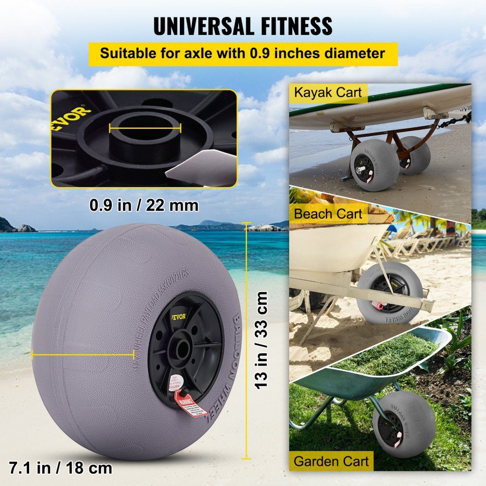 Pneus de Roues de Ballon de 13", Roues de Plage en TPU Pneus de Sable de Ballon de Remplacement 55 kg Capacité de Charge 2-3 PSI Basse Pression pour Chariot de Kayak Chariot de Canoë Chariot de Plage Chariot de Jardin Chariot de Pêche - Paquet de 2
