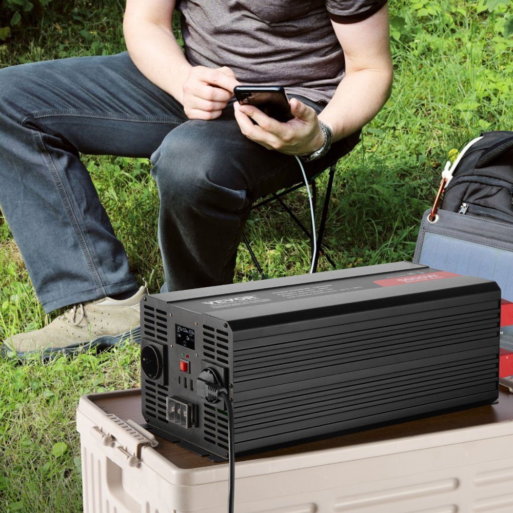 Falownik sinusoidalny 5000W Falownik DC 12V na AC 230V z 2 gniazdami AC, 2 portami USB, 1 portem typu C, wyświetlaczem LCD i pilotem do ciężkich urządzeń gospodarstwa domowego